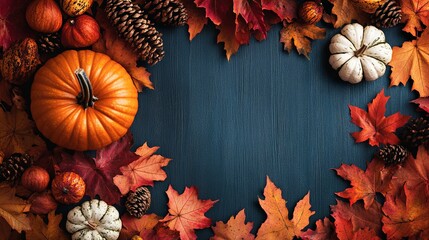 Frame of autumn Thanksgiving Day concept with warm cozy items, autumn leaves, pumpkins, pinecones on flat light background  