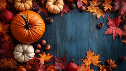 Frame of autumn Thanksgiving Day concept with warm cozy items, autumn leaves, pumpkins, pinecones on flat light background  