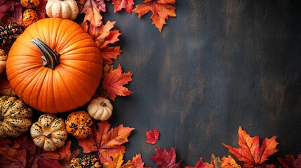 Frame of autumn Thanksgiving Day concept with warm cozy items, autumn leaves, pumpkins, pinecones on flat light background  