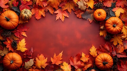 Frame of autumn Thanksgiving Day concept with warm cozy items, autumn leaves, pumpkins, pinecones on flat light background  