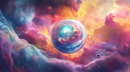 Obraz premium Celestial Harmony - Planets Orbiting Around Luminous AI Sphere in Cosmic Galaxy, Vivid Hues of Universe Exploration and Discovery