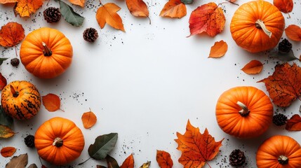 Frame of autumn Thanksgiving Day concept with warm cozy items, autumn leaves, pumpkins, pinecones on flat light background  