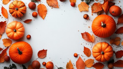 Frame of autumn Thanksgiving Day concept with warm cozy items, autumn leaves, pumpkins, pinecones on flat light background  