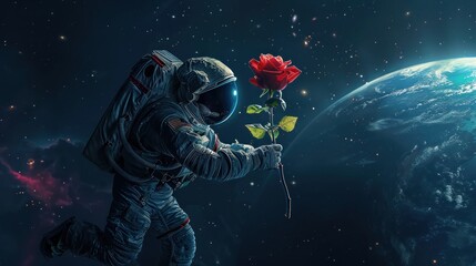 Fototapeta premium Astronaut Holding a Rose in Space
