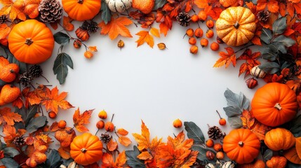 Frame of autumn Thanksgiving Day concept with warm cozy items, autumn leaves, pumpkins, pinecones on flat light background  