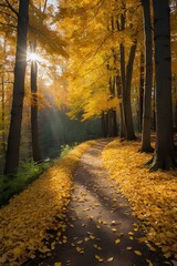 Fototapeta premium Serene Autumn Landscape with Golden Leaves and Misty Forest Path