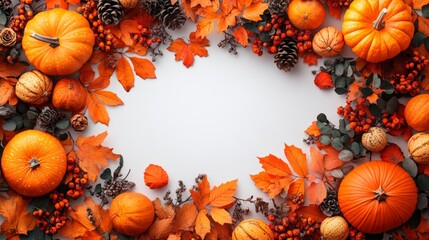 Frame of autumn Thanksgiving Day concept with warm cozy items, autumn leaves, pumpkins, pinecones on flat light background  