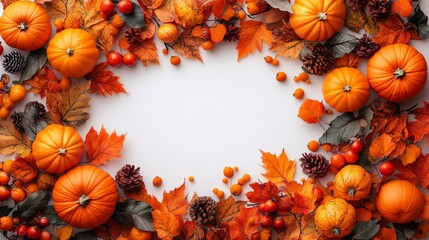 Frame of autumn Thanksgiving Day concept with warm cozy items, autumn leaves, pumpkins, pinecones on flat light background  