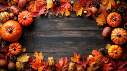 Frame of autumn Thanksgiving Day concept with warm cozy items, autumn leaves, pumpkins, pinecones on flat light background  