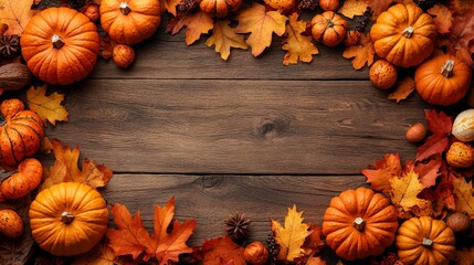 Frame of autumn Thanksgiving Day concept with warm cozy items, autumn leaves, pumpkins, pinecones on flat light background  
