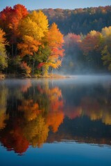 Serene Autumn Landscape with Golden Leaves and Misty Forest Path