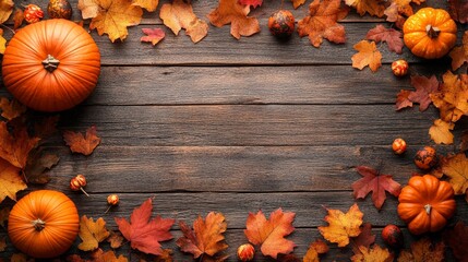Frame of autumn Thanksgiving Day concept with warm cozy items, autumn leaves, pumpkins, pinecones on flat light background  