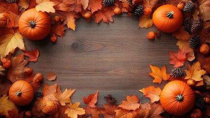 Frame of autumn Thanksgiving Day concept with warm cozy items, autumn leaves, pumpkins, pinecones on flat light background  