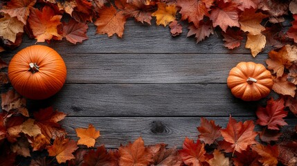 Frame of autumn Thanksgiving Day concept with warm cozy items, autumn leaves, pumpkins, pinecones on flat light background  