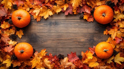 Frame of autumn Thanksgiving Day concept with warm cozy items, autumn leaves, pumpkins, pinecones on flat light background  