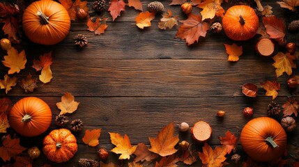Frame of autumn Thanksgiving Day concept with warm cozy items, autumn leaves, pumpkins, pinecones on flat light background  
