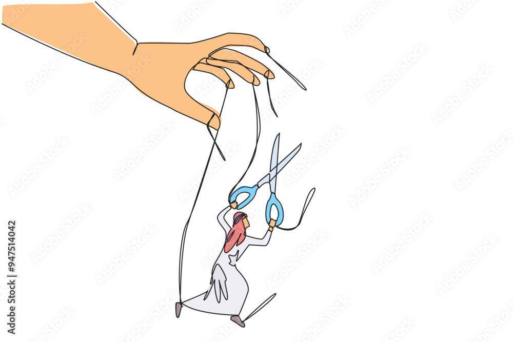 Aufkleber single continuous line drawing arabian businessman walking moved by ropes controlled by giant hands.