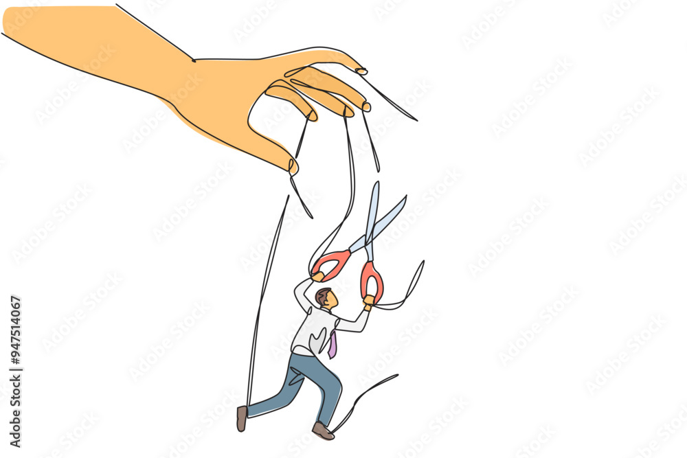 Poster single continuous line drawing the walking businessman moved by ropes controlled by giant hands. try