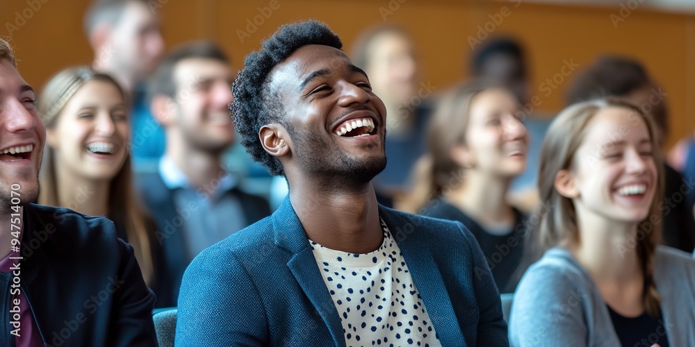 Poster students laughing during a university lecture with a witty professor