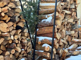 Stack of firewood in the woodshed  at winter.