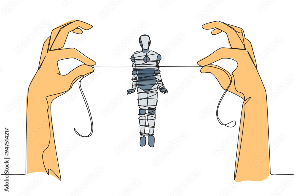 Poster single continuous line drawing robot standing and tied by a rope held by 2 giant hands. incorrect pr