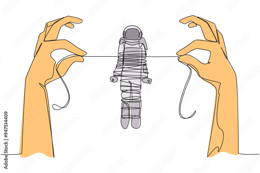 Poster continuous one line drawing astronaut standing and tied by a rope held by 2 giant hands. become a pr