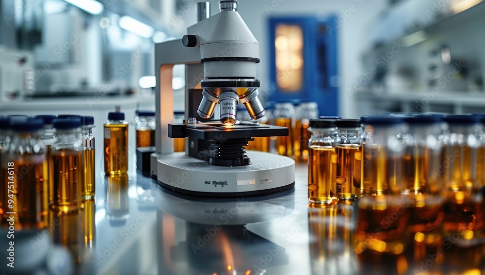 Poster a microscope is on a table in a lab surrounded by beakers filled with chemicals.