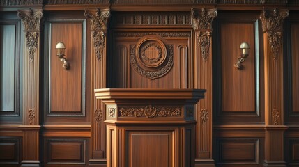podium with a traditional, classic look, featuring rich wood paneling and ornate details.