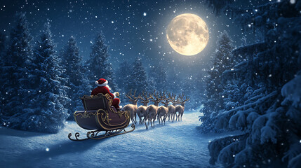 Santa Claus riding a sleigh pulled by reindeer through a snowy forest, with the night sky illuminated by a full moon and twinkling stars 