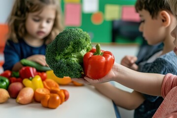 Children Learning About Nutrition: A classroom setting where children are gathered around a table, learning about healthy foods. The teacher is holding up a fruit or vegetable, and the children