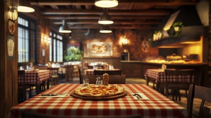 rustic Italian pizzeria interior with wooden tables, checkered tablecloths, and a variety of pizzas being served.