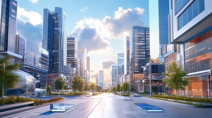 Obraz premium scene of tech district with modern, high-tech buildings, tech startups, and digital innovation.