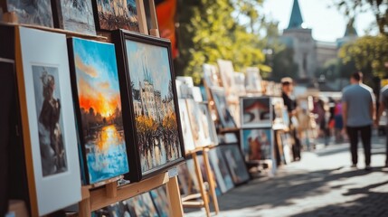 scene of a community art fair with local artists displaying their work and visitors browsing the exhibits.