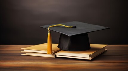 Closeup of black graduation cap with yellow tassel at university ceremony celebrating education