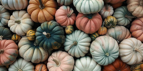 Top view of colorful large pastel colored pumpkins