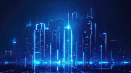 Fototapeta premium A stylized illustration of a futuristic city at night, with skyscrapers illuminated by neon lights. Generative AI