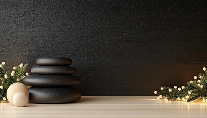 Wooden spa station, hot stones and flower garlands, 3D illustration