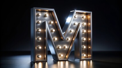 Fototapeta premium Glowing letter M made of silver metal shines brightly against a dark background, its intricately crafted details radiating an otherworldly light.
