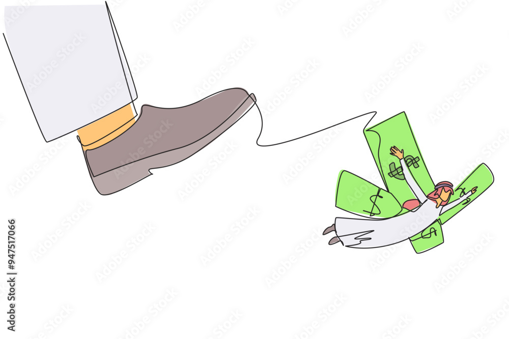 Poster single continuous line drawing arab businessman flying using banknote wings. get additional ammuniti