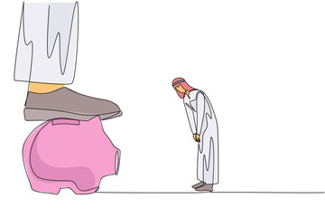 Single continuous line drawing Arabian businessman nodded in front of the giant foot that stepped on the piggy bank. Received orders to make massive investments. One line design vector illustration