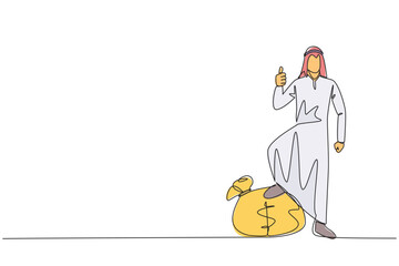 Continuous one line drawing Arabian businessman stands with thumbs up pose and steps on money bag with one of his foot. Shows the great success achieved. Single line draw design vector illustration