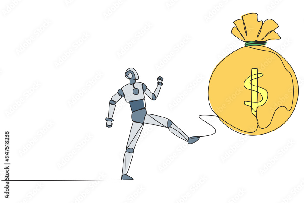 Poster single one line drawing smart robot kicking money bag. freedom to act without knowing the rules. mac