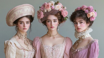 Trio of Women in Regency-Era Fashion with Floral Headdresses