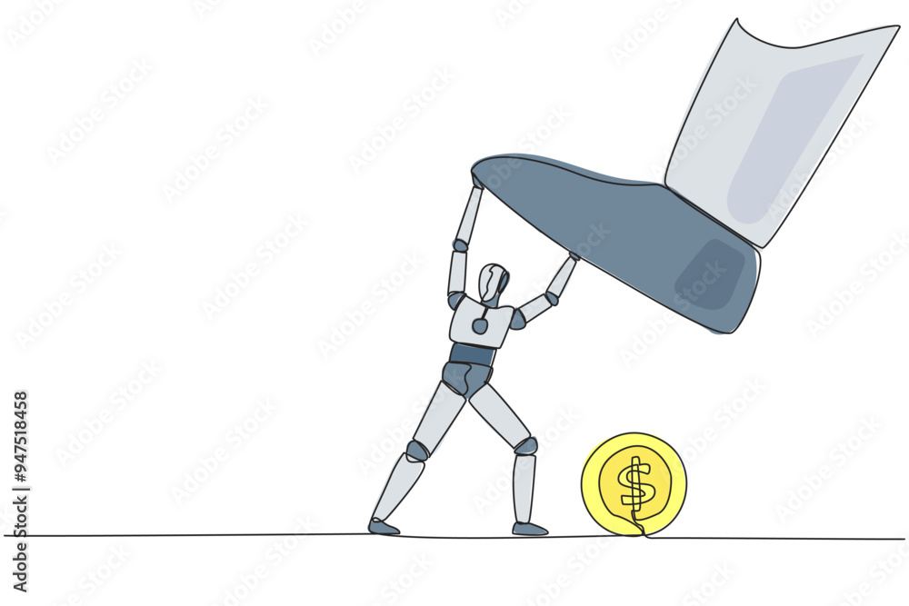 Poster single continuous line drawing smart robot holds back a giant foot wants to step on coin with dollar