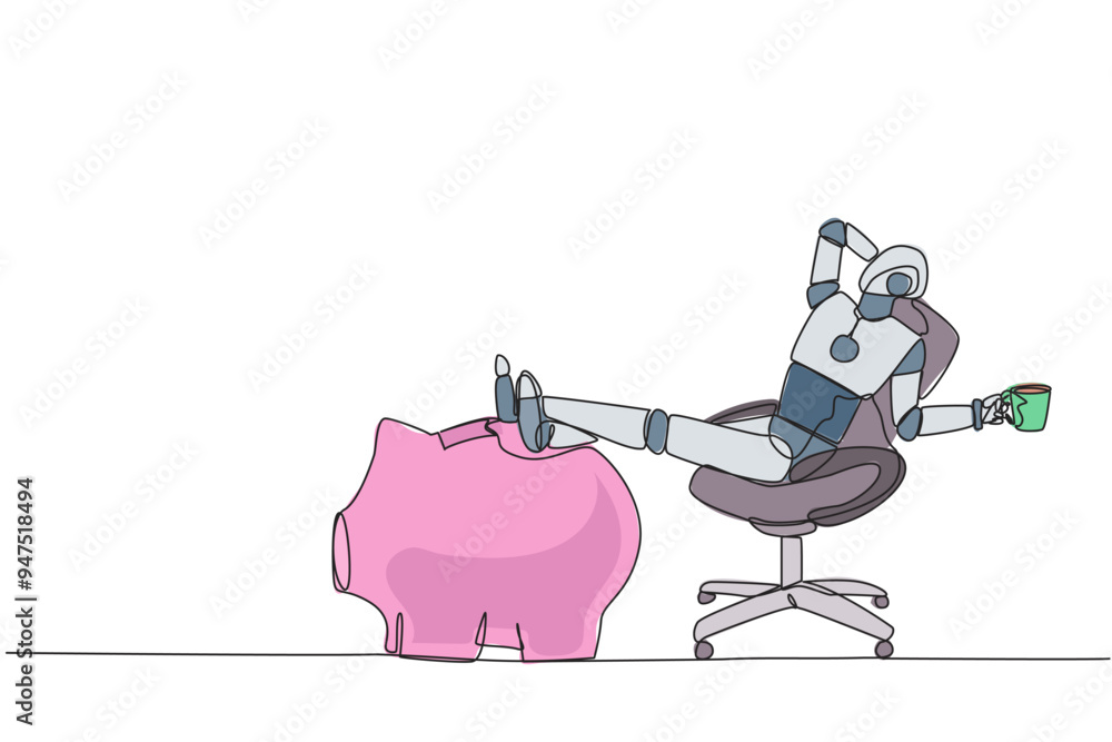 Aufkleber continuous one line drawing smart robot sitting on work chair holding mug. foot resting on piggy ban
