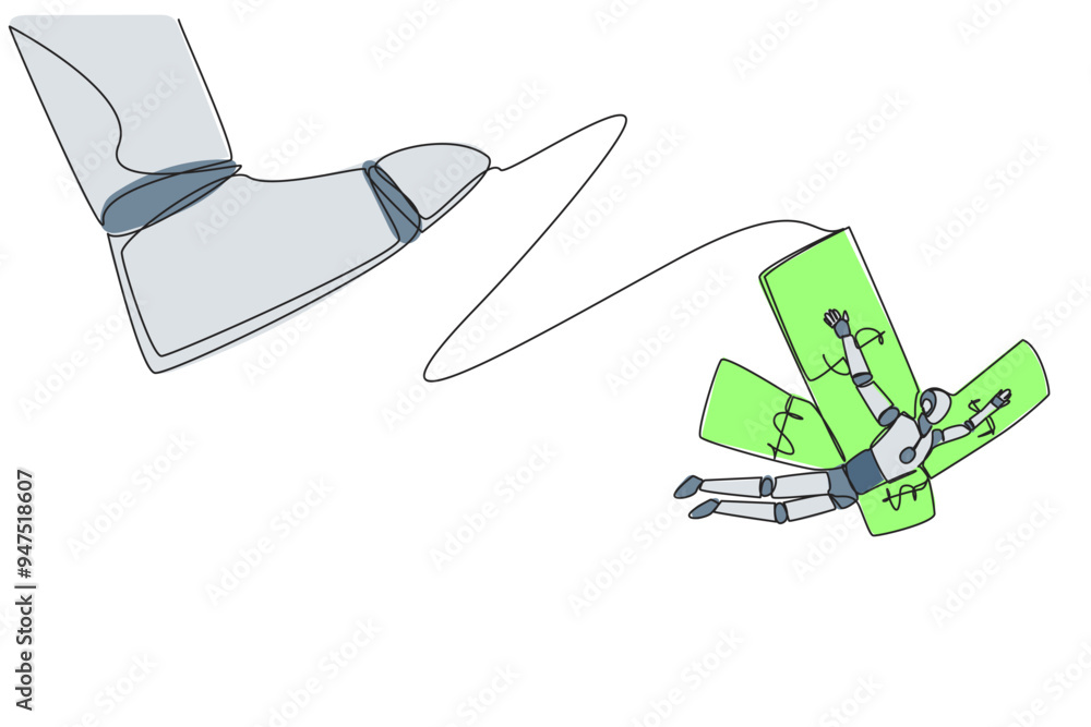 Poster single one line drawing robot flying using banknote wing. promising robot business. advanced technol