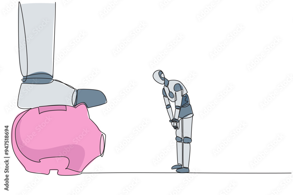 Poster single continuous line drawing a new robot nodded in front of giant foot that stepped on the piggy b