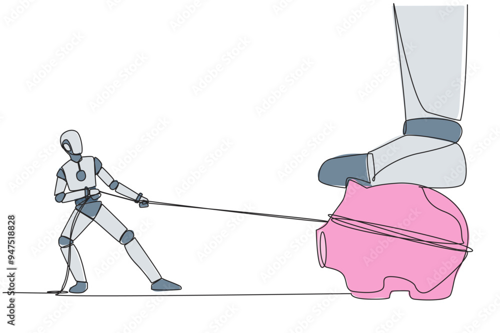 Poster single continuous line drawing smart robot tries to take piggy bank stepped on by giant foot. with a