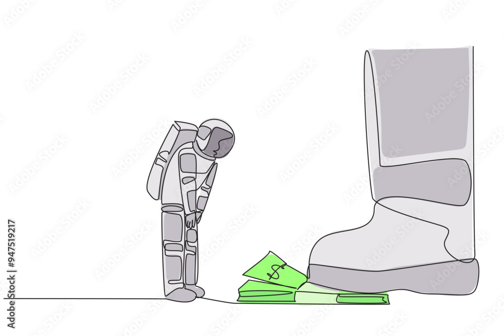 Aufkleber continuous one line drawing astronaut nodded in front of giant foot stepping on stack of banknotes. 