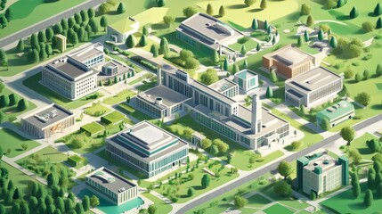 visual of a sprawling hospital with modern medical facilities, expansive green spaces, and patient-friendly design.